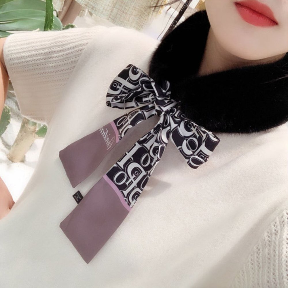 Black Faux Fur Silk Skinny Scarf
